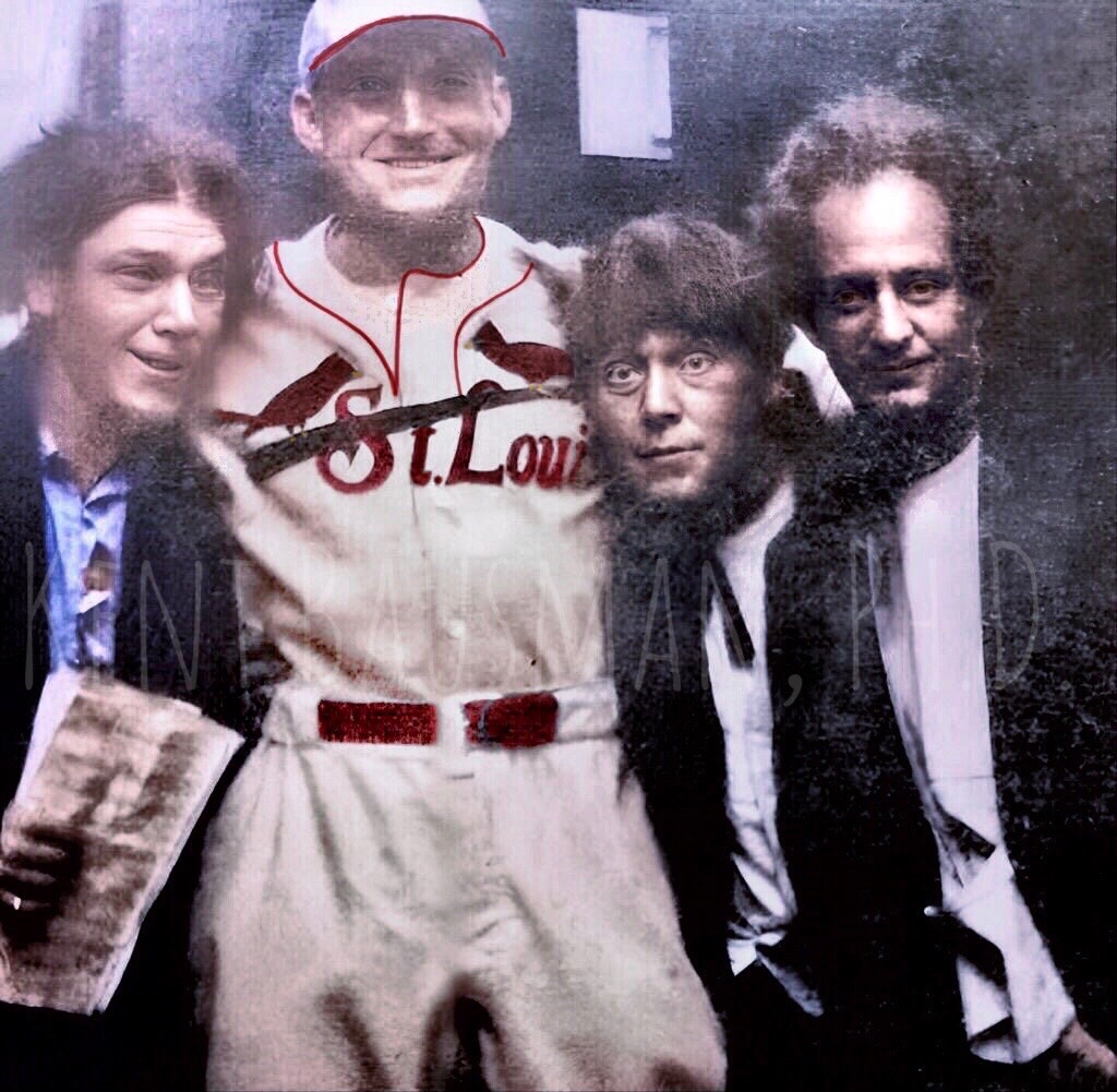 From left to right Shemp Howard, Pepper Martin in his St. Louis Cardinals uniform, Moe Howard and Larry Fine